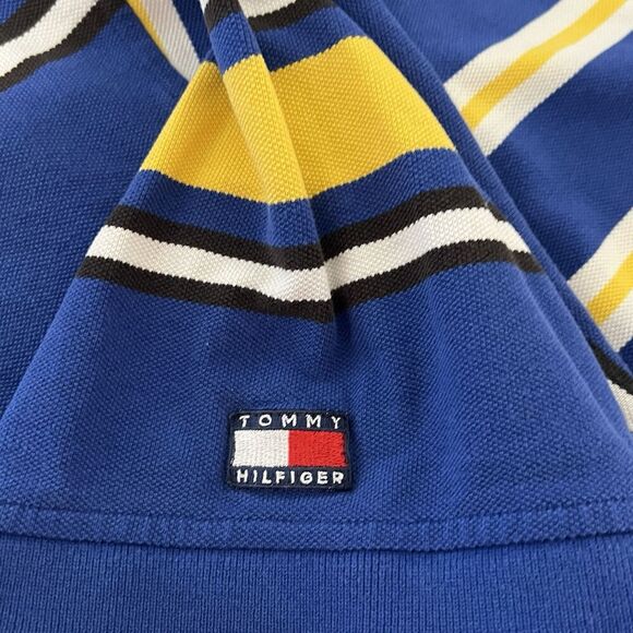 Tommy Hilfiger Polo Golf Shirt Mens L Short Sleeve Yellow Blue Striped Club Logo - Picture 10 of 10
